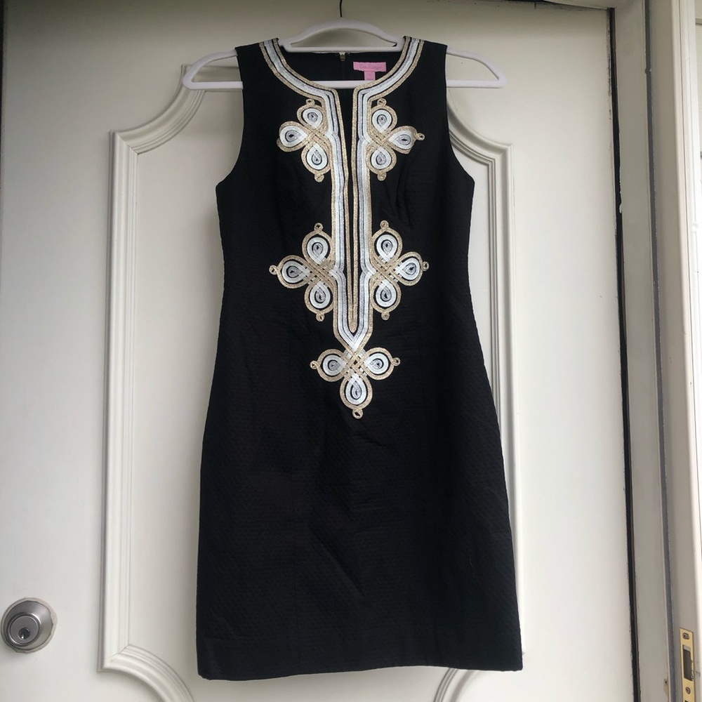 NWT lilly Pulitzer black Mila shift dress— silver and gold trim